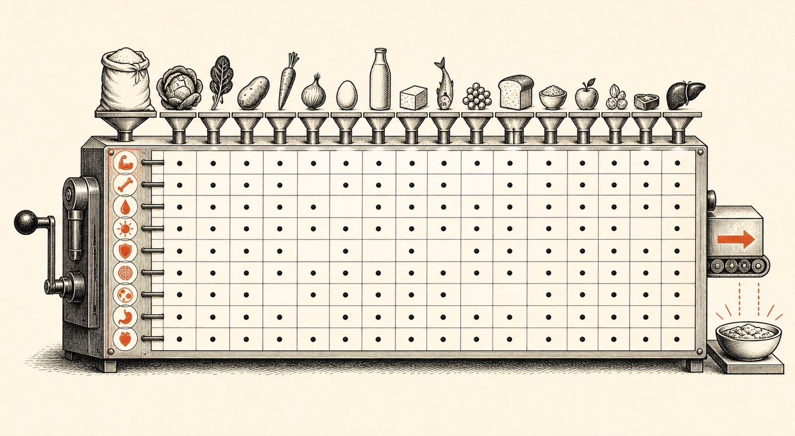 A hand-drawn, schematic matrix machine with foods feeding into columns and nine nutrient rows marked by decorative dots.